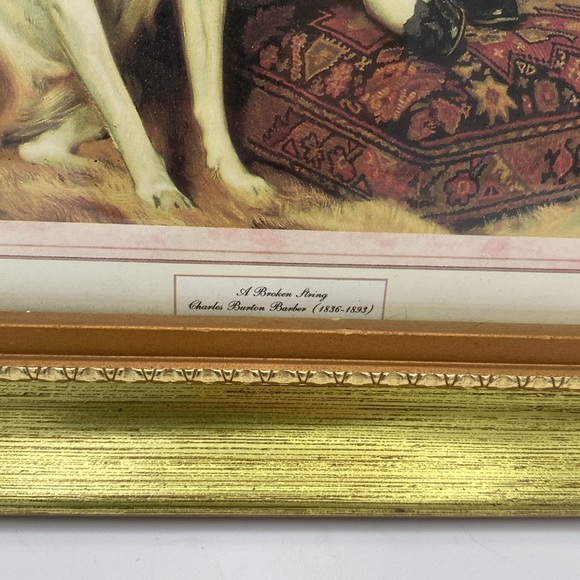 A Broken String Charles Burton Barber framed print 12x10 VTG little girl dog cat - Picture 3 of 6